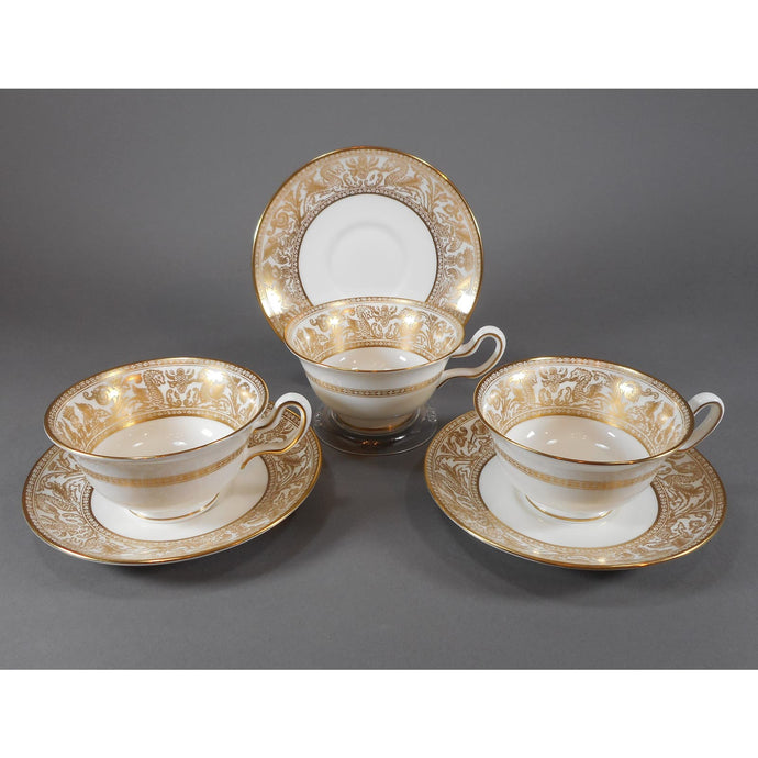 3 Wedgwood Bone China Cup and Saucer Sets - Florentine Pattern W4219, Gold Gilding on White - Dragons Griffins - Footed Teacup, Peony Shape - Old Green Urn Backstamp Mark - Excellent Estate Condition