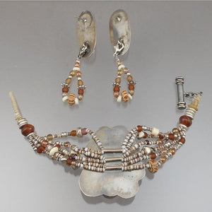 Vintage Candy Caldwell Artisan Crafted Jewelry Set - Bracelet and Earrings - Hand Carved Masks / Faces, Sterling Silver, Beads - Made in Southwestern USA