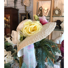 Load image into Gallery viewer, Vintage Frederick&#39;s Ladies White Straw Picture Hat - Easter, Spring, Summer, Kentucky Derby - Pink Yellow Silk and Velvet Flowers, Green Ribbon