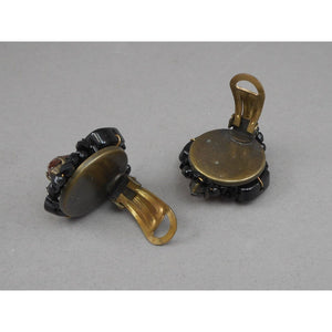 Vintage 1950s Clip On Earrings Black Champagne Plastic Rhinestone Bead Clusters
