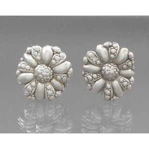 Large Vintage Artisan Crafted Clip On Earrings - Sterling Silver, Daisy Flower Design - Hand Made in Israel