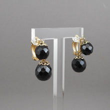 Load image into Gallery viewer, Vintage 1950s Signed Lewis Segal Dangle Earrings - Black Faceted Glass Beads, Gold Tone Filigree - Clip On