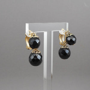 Vintage 1950s Signed Lewis Segal Dangle Earrings - Black Faceted Glass Beads, Gold Tone Filigree - Clip On