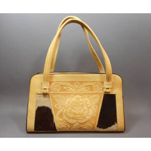 Load image into Gallery viewer, Vintage 1970s Mexican Handbag - Hand Tooled Leather, Cow Hide, Mayan Calendar and Flower Designs - Large Top Handle Purse - Pale Yellow and Brown