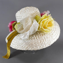 Load image into Gallery viewer, Vintage Frederick&#39;s Ladies White Straw Picture Hat - Easter, Spring, Summer, Kentucky Derby - Pink Yellow Silk and Velvet Flowers, Green Ribbon
