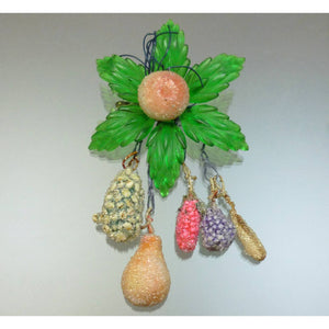 Vintage 1950s Retro Brooch - Lucite and Sugared Beads, Green Plastic Flower and Fruit