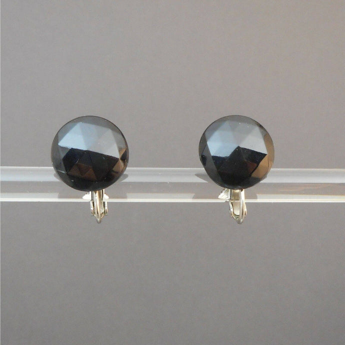 Vintage 1940s Black Glass Clip / Screw Back Earrings Faceted Button Cabochon