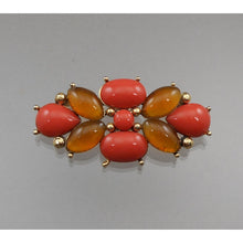 Load image into Gallery viewer, Vintage 1960s / 1970s Monet Brooch - Faux Coral, Amber Color Lucite Cabochons - Gold Tone Setting - Signed Designer Pin - Estate Collection Jewelry - Excellent Condition