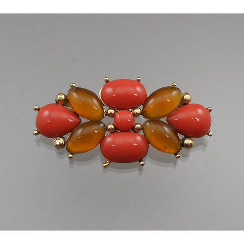 Vintage 1960s / 1970s Monet Brooch - Faux Coral, Amber Color Lucite Cabochons - Gold Tone Setting - Signed Designer Pin - Estate Collection Jewelry - Excellent Condition