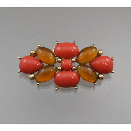 Vintage 1960s / 1970s Monet Brooch - Faux Coral, Amber Color Lucite Cabochons - Gold Tone Setting - Signed Designer Pin - Estate Collection Jewelry - Excellent Condition