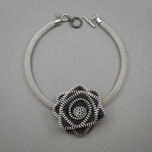 Load image into Gallery viewer, Handmade Erica Zap Signed Zipper Rose Flower Choker Necklace Black Silver Tone Mesh Chain