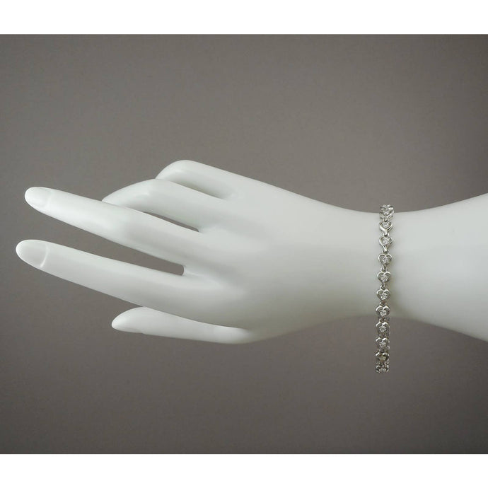 Vintage Heart Link Chain Tennis Bracelet - Sterling SIlver with Crystal or CZ Stones