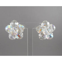 Load image into Gallery viewer, Excellent Vintage 1950s Signed Laguna Iridescent Clear Glass Cluster Clip On Earrings - AB Aurora Borealis Crystal Beads on Silver Filigree - Flower Design
