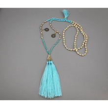 Load image into Gallery viewer, Vintage Amulet Style Fashion Necklace - Tassels and Chinese Coin Replicas - Turquoise, Wood and Glass Beads - Aqua, Blue, Green, Tan, Bronze, Gold