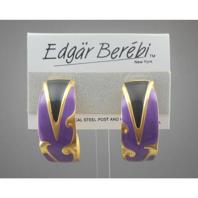 Large Vintage Edgar Berebi Enamel Half Hoop Post Statement Earrings Purple & Black