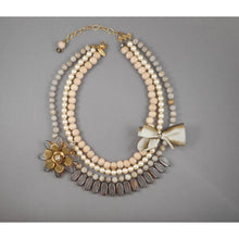 Load image into Gallery viewer, Vintage Signed Lenora Dame for Anthropologie Multi Strand Necklace - Wood, Stone, Faux Pearl, Glass Beads - Gold Tone Mesh, Filigree, Rhinestone Daisy Flower - Silk Ombre Ribbon - Adjustable Length