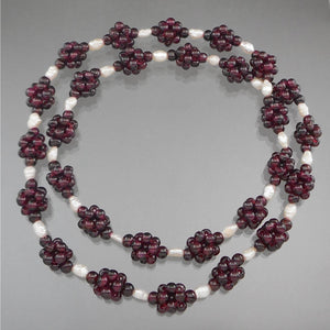 Vintage 1980s Handmade Garnet and Pearl Necklace - Bead Clusters and Natural Baroque Pearls - 27 1/2" Long, Opera Length - Excellent Condition