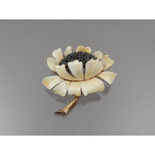 Load image into Gallery viewer, Vintage 1950s HAR Hargo Sunflower Brooch - Off White Enamel Flower Pin with Black Crystals / Rhinestones, Gold Tone - Mid Century Signed Designer Costume Jewelry