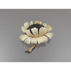 Vintage 1950s HAR Hargo Sunflower Brooch - Off White Enamel Flower Pin with Black Crystals / Rhinestones, Gold Tone - Mid Century Signed Designer Costume Jewelry
