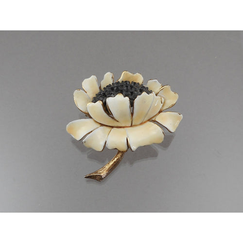 Vintage 1950s HAR Hargo Sunflower Brooch - Off White Enamel Flower Pin with Black Crystals / Rhinestones, Gold Tone - Mid Century Signed Designer Costume Jewelry