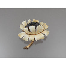 Load image into Gallery viewer, Vintage 1950s HAR Hargo Sunflower Brooch - Off White Enamel Flower Pin with Black Crystals / Rhinestones, Gold Tone - Mid Century Signed Designer Costume Jewelry
