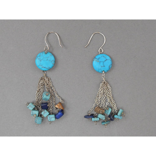 Vintage Stone Nugget Bead Dangle Earrings - Southwestern Style, Silver Tone, Turquoise, Sodalite, Jasper