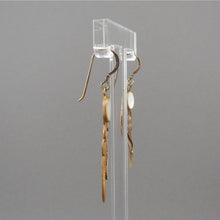 Load image into Gallery viewer, Vintage Handmade Mother of Pearl Bronze Feather Design Dangle Earrings - Gold, Silver and MOP, Artisan Crafted
