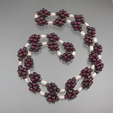 Load image into Gallery viewer, Vintage 1980s Handmade Garnet and Pearl Necklace - Bead Clusters and Natural Baroque Pearls - 27 1/2&quot; Long, Opera Length - Excellent Condition