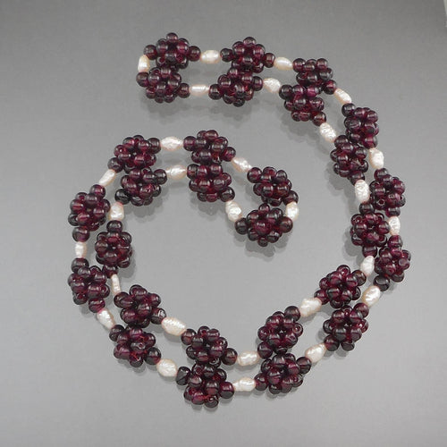 Vintage 1980s Handmade Garnet and Pearl Necklace - Bead Clusters and Natural Baroque Pearls - 27 1/2