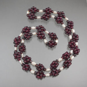 Vintage 1980s Handmade Garnet and Pearl Necklace - Bead Clusters and Natural Baroque Pearls - 27 1/2" Long, Opera Length - Excellent Condition