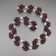 Load image into Gallery viewer, Vintage 1980s Handmade Garnet and Pearl Necklace - Bead Clusters and Natural Baroque Pearls - 27 1/2" Long, Opera Length - Excellent Condition