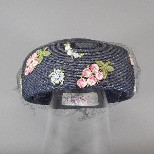 Vintage 1950s Evelyn Varon Exclusive Ladies Pillbox Hat - Navy Blue Straw with Net Veil and Flower Appliques - Easter Spring and Summer - Blue, Pink, Yellow, Green and Purple