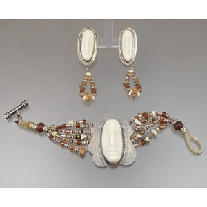 Vintage Candy Caldwell Artisan Crafted Jewelry Set - Bracelet and Earrings - Hand Carved Masks / Faces, Sterling Silver, Beads - Made in Southwestern USA