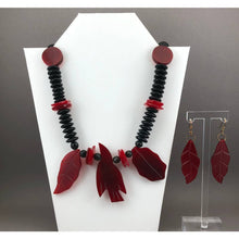 Load image into Gallery viewer, Vintage Resin Bird and Leaf Jewelry Set - Dangle Earrings and Necklace - Red and Black Beads - Southwestern Style - Estate Collection Jewelry