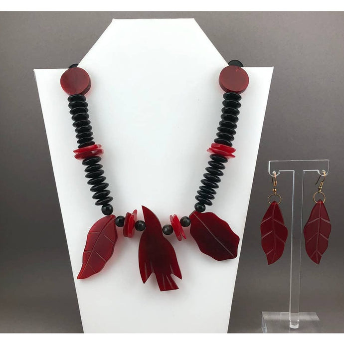 Vintage Resin Bird and Leaf Jewelry Set - Dangle Earrings and Necklace - Red and Black Beads - Southwestern Style - Estate Collection Jewelry