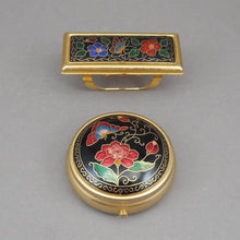 Load image into Gallery viewer, Vintage Handbag Accessory Set - Pillbox and Lipstick Holder with Mirror - Cloisonne Enamel, Flowers, Butterfly, Gold Tone - Pill Trinket Box