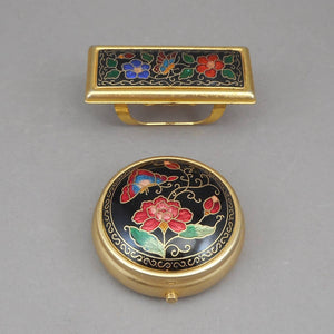 Vintage Handbag Accessory Set - Pillbox and Lipstick Holder with Mirror - Cloisonne Enamel, Flowers, Butterfly, Gold Tone - Pill Trinket Box