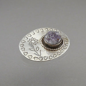 Vintage Handmade Drusy Quartz Sterling Silver Brooch - Natural Purple Stone - Artisan Crafted, Southwestern Style Pin