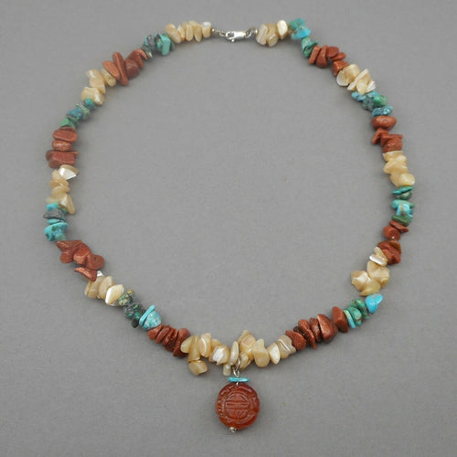 Vintage Nugget Bead Necklace Turquoise Stone Goldstone Glass Mother of Pearl MOP