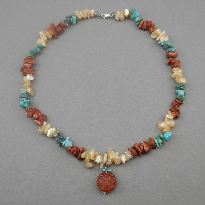 Vintage Nugget Bead Necklace Turquoise Stone Goldstone Glass Mother of Pearl MOP