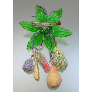 Vintage 1950s Retro Brooch - Lucite and Sugared Beads, Green Plastic Flower and Fruit