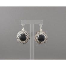 Load image into Gallery viewer, Vintage Artisan Onyx Dangle Earrings - Sterling Silver with Black Stone Cabochons - Bali Dot Design with French Wires - Hand Made, Marked 925