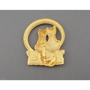 Vintage 1980s Jonette Jewelry Cat Couple Moon Brooch - Gold Tone, Signed JJ Designer Pin