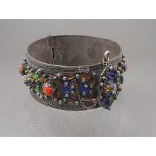 Load image into Gallery viewer, Antique Vintage Moroccan Silver Bracelet - Multicolor Enamel with Coral Stone Cabochons - Large and Heavy Hinged Bangle with Pin Closure - Handmade, North Africa - Old Berber, Ethnic, Tribal, Jewelry