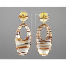 Load image into Gallery viewer, Vintage Post Dangle Statement Earrings Faux Mother of Pearl MOP Brown White Plastic