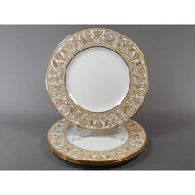 Load image into Gallery viewer, 4 Wedgwood Bone China Dinner Plates - Florentine Pattern W4219, Gold Gilding on White - Dragons Griffins - 10 3/4&quot; - Old Green Urn Backstamp Mark - Very Nice Estate Condition
