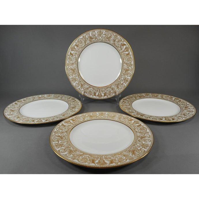 4 Wedgwood Bone China Dinner Plates - Florentine Pattern W4219, Gold Gilding on White - Dragons Griffins - 10 3/4