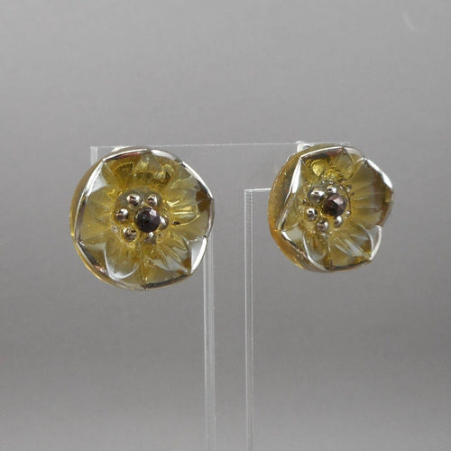 Vintage 1950s Button Style Clip Earrings Gold Black Silver Glass Flower Design