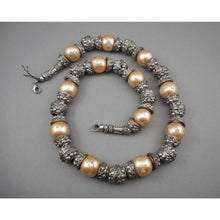 Load image into Gallery viewer, Vintage Handmade Syrian Middle East Necklace Silver Cannetille Faux Pearl Beads