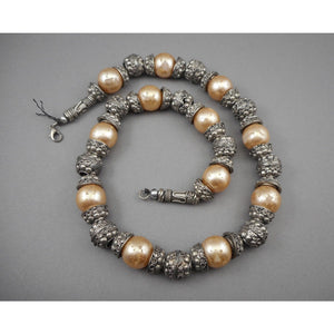 Vintage Handmade Syrian Middle East Necklace Silver Cannetille Faux Pearl Beads
